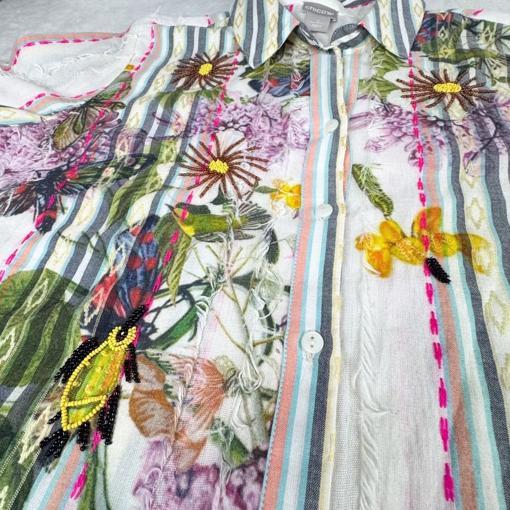 Chico's Shirt Womens 2 US 12 Embroidered Beaded Floral Stripe Boho Fringe Top - Picture 9 of 14